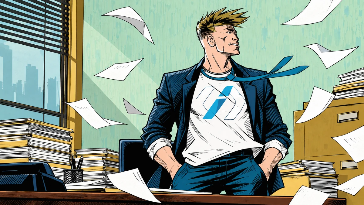 Comic-style artwork of the T-Shirt Lawyer amid flying papers in an office
