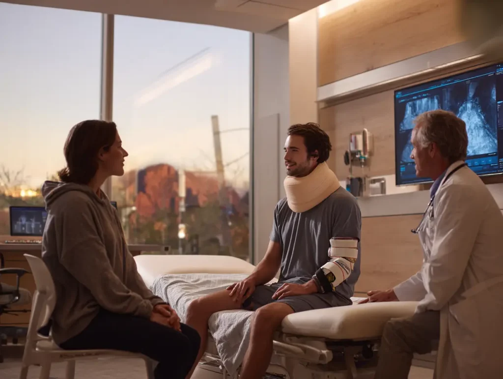 Car accident patient with a neck brace and arm cast speaking with a doctor in a Phoenix medical clinic, highlighting the serious physical and emotional injuries caused by self-driving car crashes.