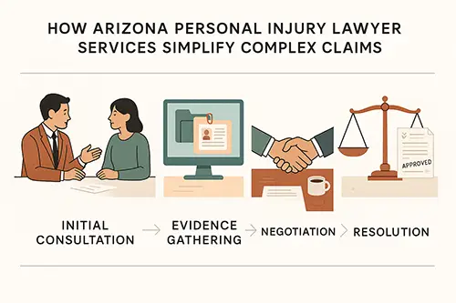 Infographic showing four stages of Arizona personal injury claims: initial consultation with attorney and client, organized evidence files, negotiation handshake, and balanced scale approving documents. Contemporary, flat vector art uses desert-inspired colors with tactile details like coffee rings and paperclips for visual clarity and approachability.