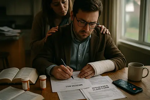 A concerned person with an arm cast reviews medical bills and insurance forms at a cluttered kitchen table, supported by a partner. Prescription bottles, a legal book, smartphone displaying an insurance call, and lived-in details convey the emotional reality of dealing with injury compensation.
