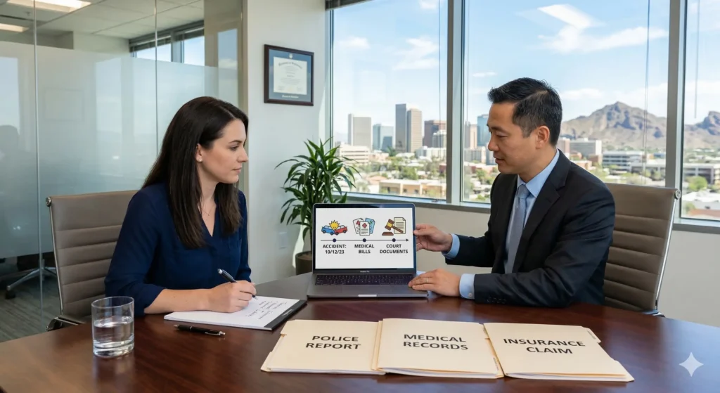 Phoenix self-driving car accident lawyer reviewing crash evidence, medical records, and insurance documents with an injured client in a modern office overlooking the Phoenix skyline.