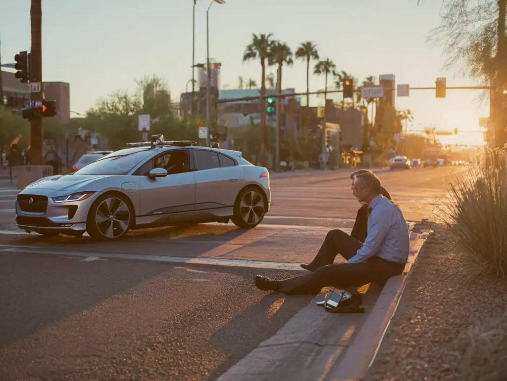 Phoenix self-driving car accident scene with an autonomous vehicle stopped at an intersection while an injured driver speaks with a car accident lawyer near downtown Phoenix.