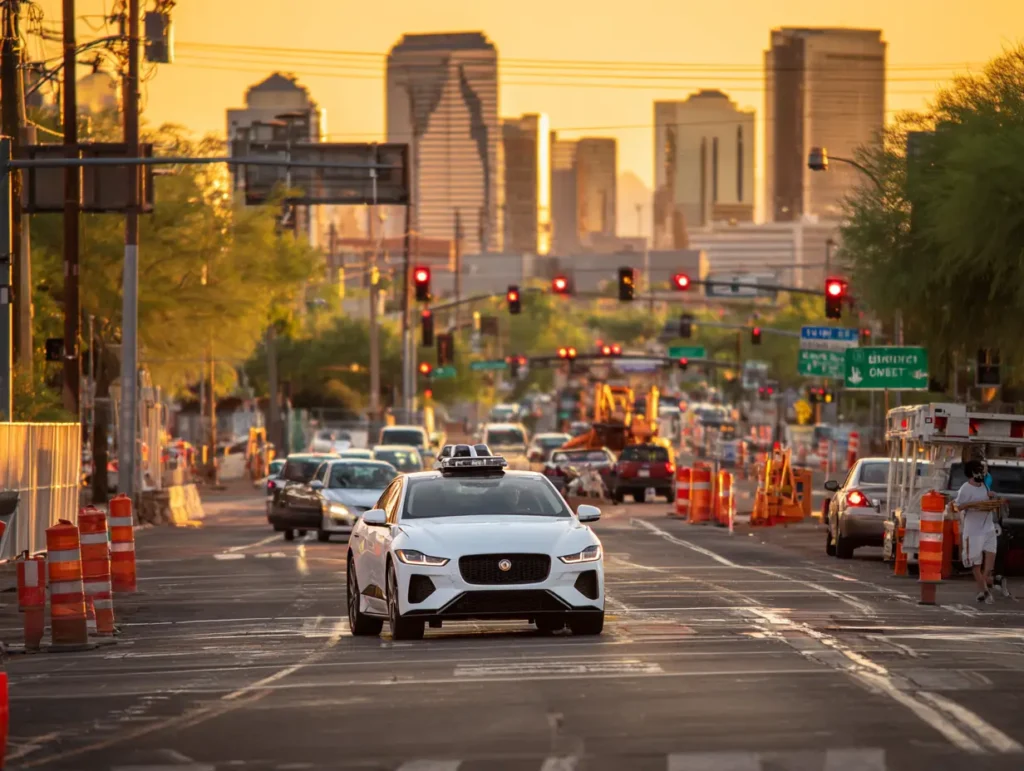 Self-driving car braking suddenly at a Phoenix intersection with a distracted driver nearby and a confusing construction zone, showing how human error, technology issues, and road conditions can combine to cause accidents.