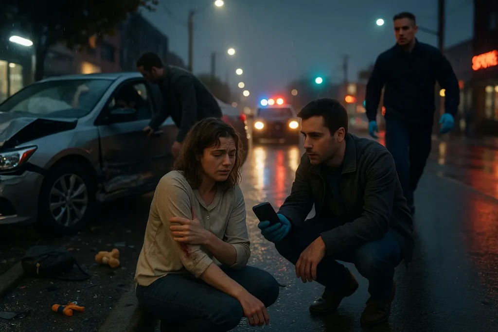 A woman sits dazed at a city curb after a car accident, clutching her shoulder as a bystander offers a phone. Paramedics and police arrive, while another person is checked in a damaged car. Debris and child’s toy scattered on rain-slicked street.