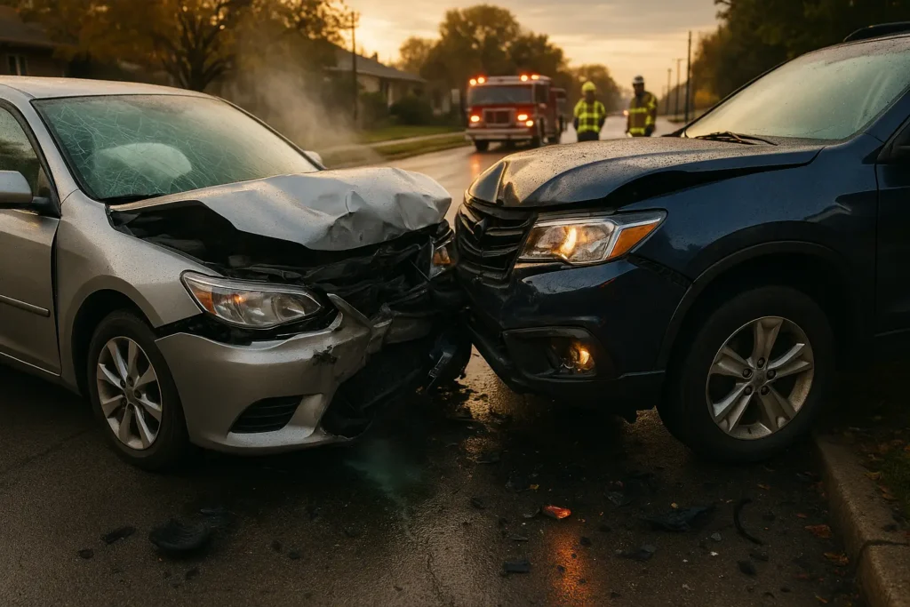 Aftermath of a car crash on a wet suburban street, featuring a damaged silver sedan and navy blue SUV with airbags deployed, shattered glass, debris, and emergency responders in the background during early golden hour.
